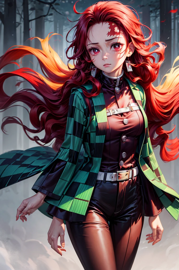 (masterpiece), best quality, expressive eyes, perfect face, highres, (female1.5), 1 girl, solo,(Tanjiro), (OriginalOutfit), (Scar,Scar on forehead, Checkered Clothes, 1Girl, Red Hair), (long red hair),(black and green plaid coat),(black pants), fantasy background, standing, upper body portrait, looking at the viewer,