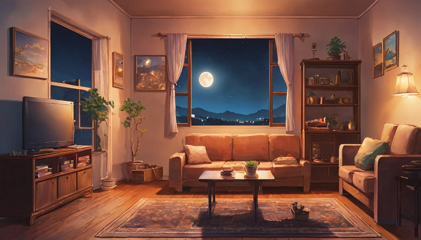 living room、Erica watching a movie、moonlight、Old furniture