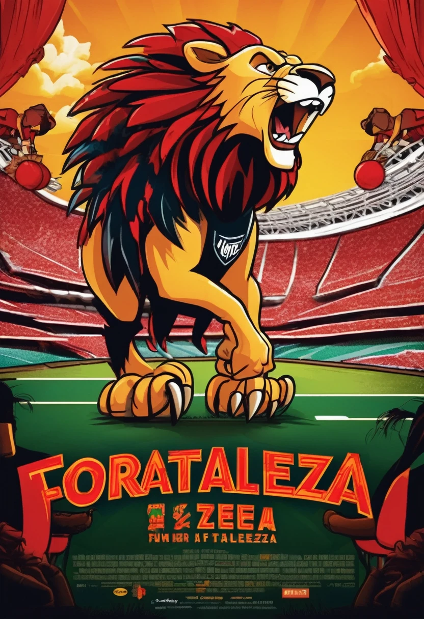 Banner for a film with the text "Fortaleza" (Disney pixar style), A large Lion intimidating a vulture, full body, wide shot, football mascot, a football mascot as a little vulture afraid, with t-shirt red and black afraid of the lion, football stadium in the background