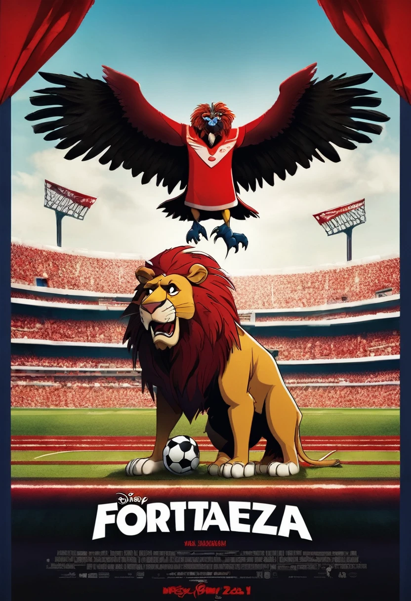 Banner for a film with the text "Fortaleza" (Disney pixar style), A large Lion intimidating a vulture, full body, wide shot, football mascot, a football mascot as a little vulture afraid, with t-shirt red and black afraid of the lion, football stadium in the background