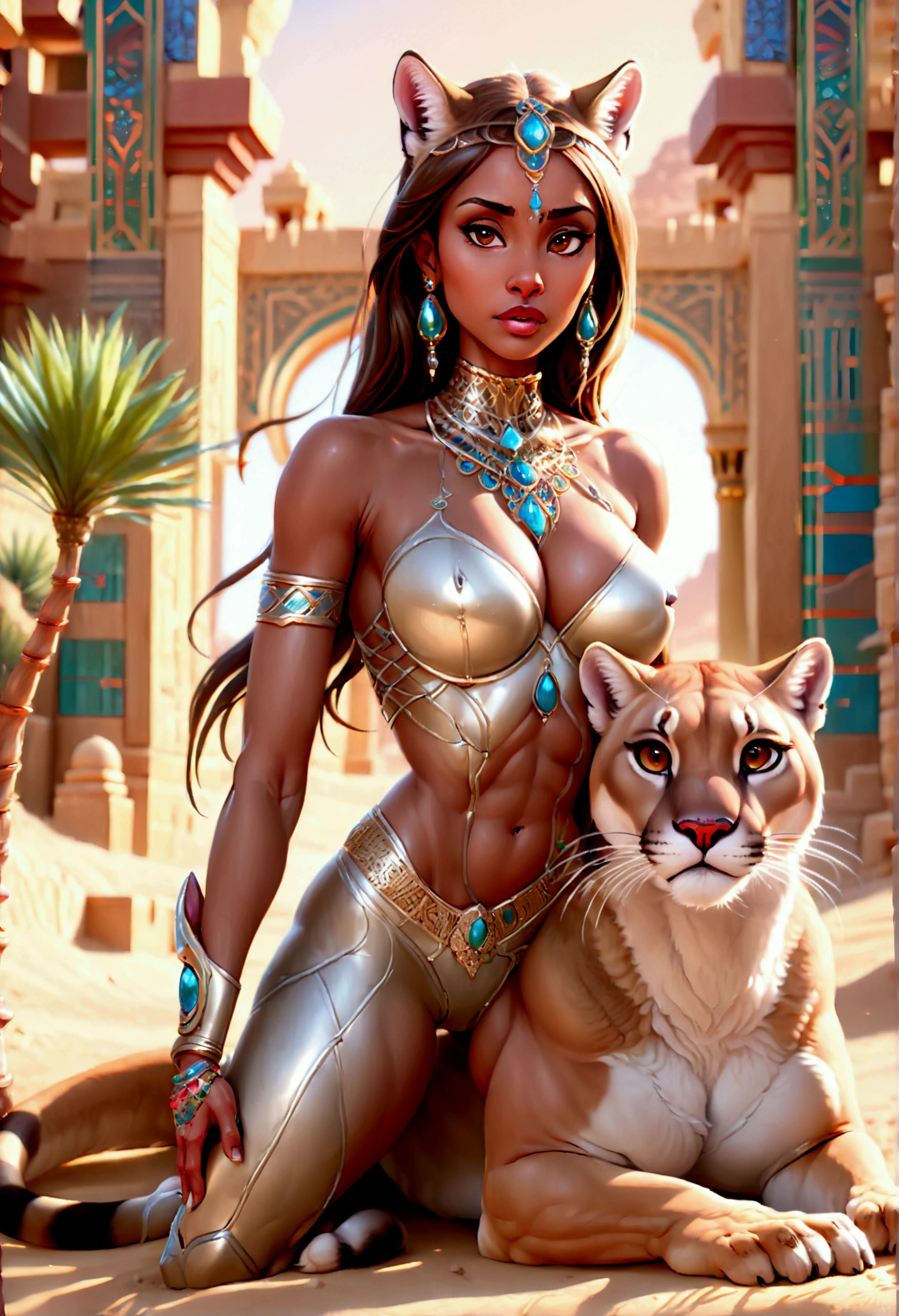 Arafed picture of a desert princess  and her pet cougar in her palace high details, best quality, 16k, f a female human princess and her pet cougar, princess of the desert, full body, ((anatomically correct: 1.5)) ((standing: 1.5)) proudly royalty demeanor, a woman, (best detailed face: 1.5), Ultra Detailed face, wearing royal desert dress, decorated with gems, wearing princess tiara, small cleavage, thigh high intricate leather high heeled boot, thick hair, long hair, brown hair, tan skin intense brown eyes, her epic desert (cougar : 1.3) lying at her feet, guarding her, an epic fantasy desert palace in an oasis in the background (intricate details, Masterpiece, best quality: 1.5) night, moon light, stars ,Wide-Angle, award winning, best quality, high quality, high details, highres, vibrant, Ultra-high resolution, High Contrast, (masterpiece:1.5), highest quality, Best aesthetics, best details, best quality, highres, ultra wide angle, 16k, [ultra detailed], masterpiece, best quality, chumbasket art style, Cinematic Hollywood Film,