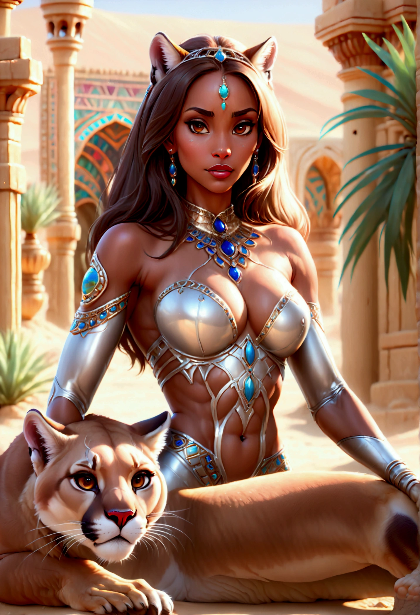 Arafed picture of a desert princess  and her pet cougar in her palace high details, best quality, 16k, f a female human princess and her pet cougar, princess of the desert, full body, ((anatomically correct: 1.5)) ((standing: 1.5)) proudly royalty demeanor, a woman, (best detailed face: 1.5), Ultra Detailed face, wearing royal desert dress, decorated with gems, wearing princess tiara, small cleavage, thigh high intricate leather high heeled boot, thick hair, long hair, brown hair, tan skin intense brown eyes, her epic desert (cougar : 1.3) lying at her feet, guarding her, an epic fantasy desert palace in an oasis in the background (intricate details, Masterpiece, best quality: 1.5) night, moon light, stars ,Wide-Angle, award winning, best quality, high quality, high details, highres, vibrant, Ultra-high resolution, High Contrast, (masterpiece:1.5), highest quality, Best aesthetics, best details, best quality, highres, ultra wide angle, 16k, [ultra detailed], masterpiece, best quality, chumbasket art style, Cinematic Hollywood Film,