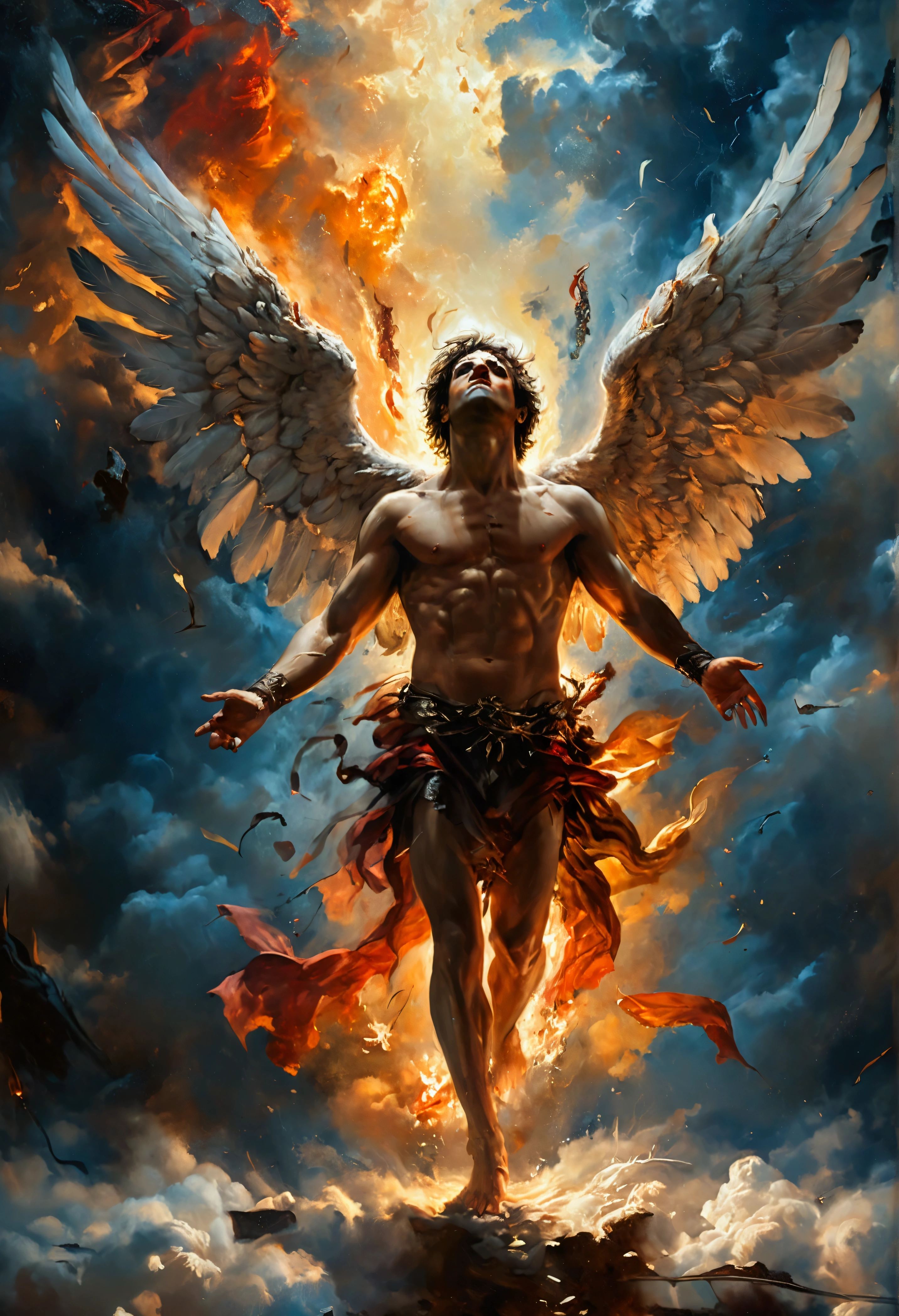 a fallen angel in a night battle, dueling with a human, many people, oil painting, descending from heaven, masterpiece, vivid, Caravaggio, 8K, angelic, dramatic lighting, intricate details, highly detailed, cinematic, intense, epic, dramatic poses, expressive faces, chiaroscuro, deep shadows, warm colors, glowing highlights, ethereal, transcendent, powerful, mesmerizing, breathtaking