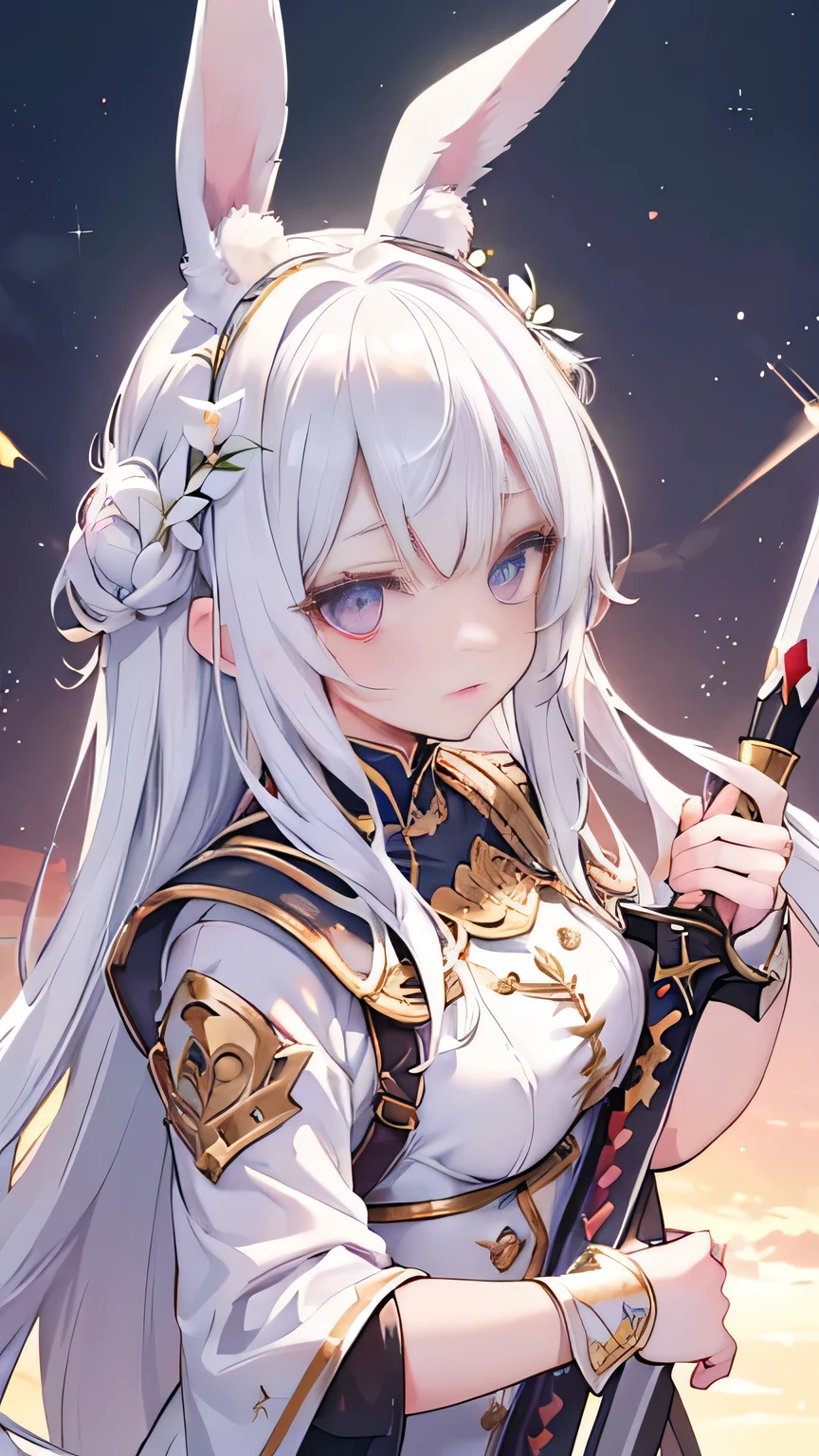 white hair, hair behind ear, head wreath, rabbit ears, anime, sparkle, super detail, high details, ((detailed face, detailed eyes)), textured skin, ((masterpiece)), ((accurate)), high quality, highres, best quality, 8k, Knight in steel armor, Gained military honors, Dust and blood, sunset, Giant Sword