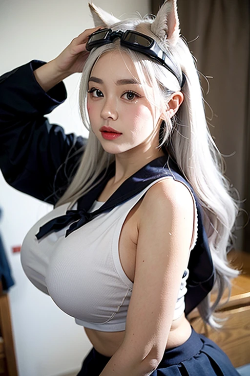 Fox girl, silk white hair,(Long Hair),with grey fox ears,with grey fox Tail, big ears,(raised goggles on head),(blue Bell on ear), (Japanese School Sailor Uniform),(big breasts:1.6)