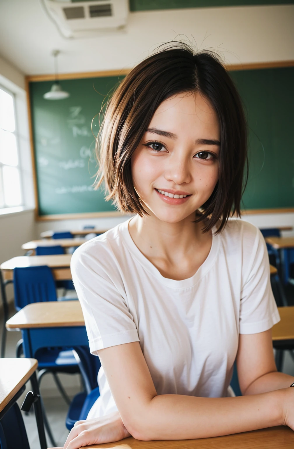 Top quality, 1 beautiful woman, super short hair, wearing , short sleeve shy-smile, Sunlight, at classroom,