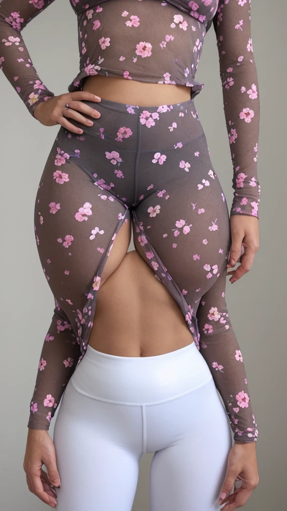 (sultry euro babe standing with hands on hips in a [sheer:skin tight sheer:15] top tucked into floral print [leggings|pantyhose]), see-through leggings, skin tight top, (shirt tucked in), [ :(large breasts), (curvy):0.2], sharp focus, hires, makeup, thick thighs, [ lipstick] , [full body] , (wide hips) , office pantyhose