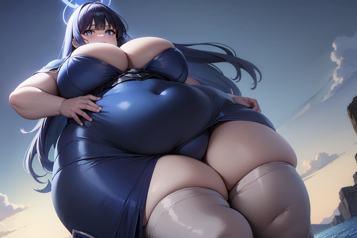 saori joumae, blue eyes, blue hair, halo, long hair, adventurer clothes, light armor:1.3, massive breasts, wide hips, massive hips, lake, fantasy background