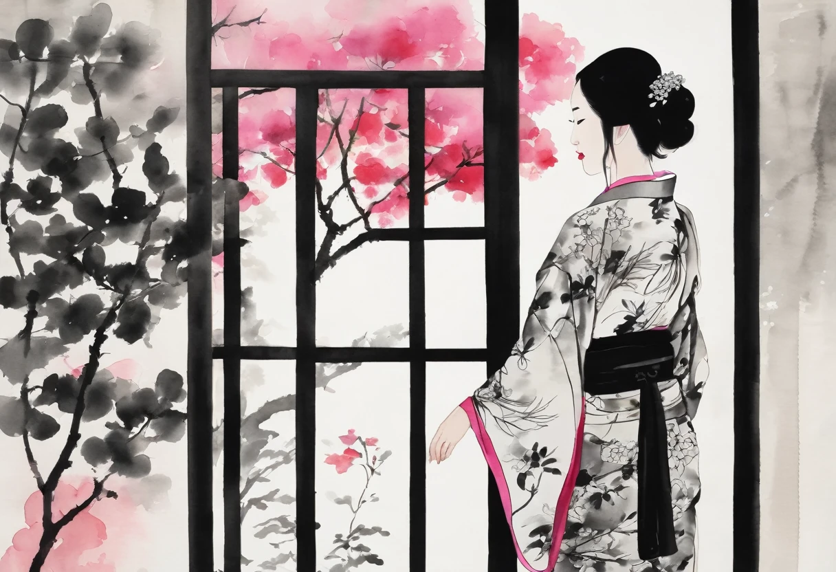 Chinese ink painting,ink and watercolor painting.A woman is standing in the room. There is a shadow of a tree on the wall. The woman has long black hair and is wearing a floral kimono. Next to her is a rose bush with pink flowers.Minimalist, black and white. Thick lines, deep lines.