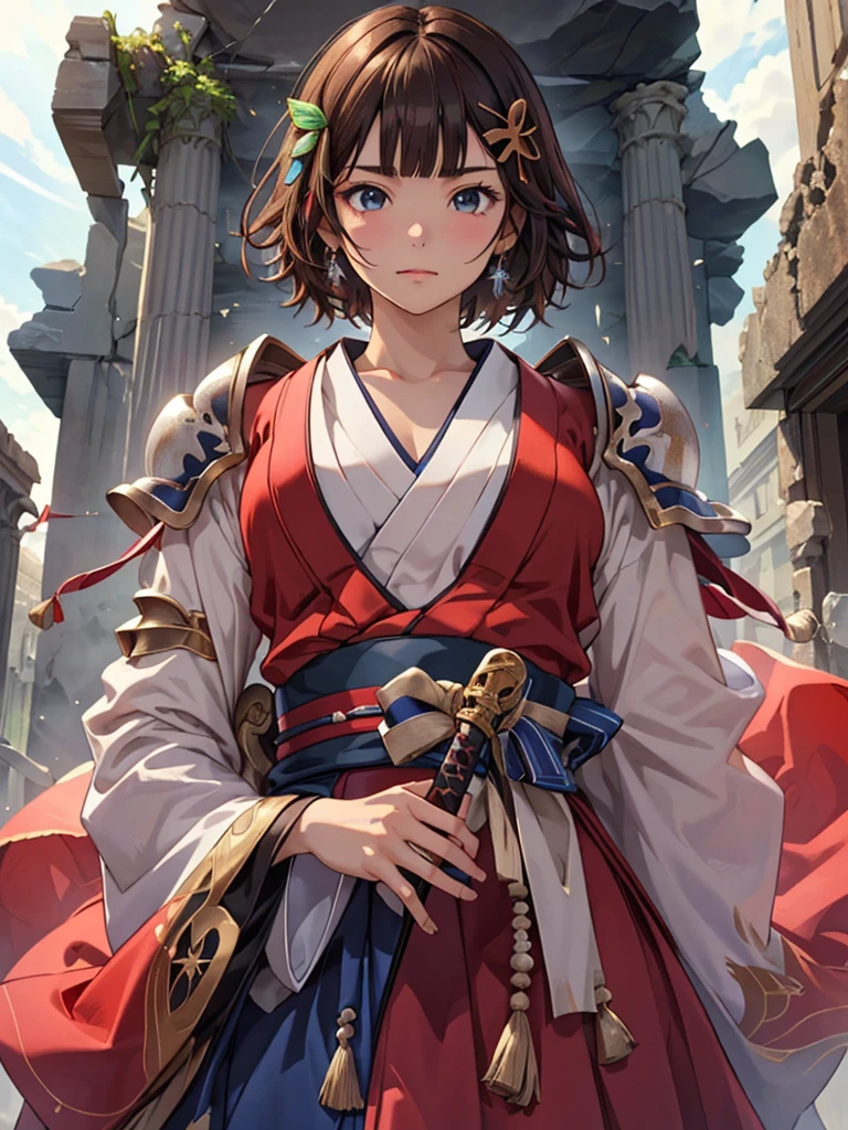 (((serious)))、One Face、 (((A very cute face like a top Japanese idol)))、glowing eye、(((UPPER BODY)))、(((Holding a Japanese sword)))、One  girl, (((Short Hair ))), Composition from the front、(((Brown Hair)))、(((looking at the camera)))、(((hair ornaments)))、(((blunt bangs)))、(((Red and silver armor)))、((Highest quality)), ((masterpiece)),(detailed),High resolution,Sharp focus,Perfect Face,{Best illustrations}, (非常にdetailed CG unity 8k wallpaper),(((Vibrant colors))),Official Art, shiny 肌,very shiny 肌,Shiny body,plastic glitter 肌,exaggerated shiny 肌,Glowing Skin, ((detailedなボディ)),((detailedな顔))、A long red skirt、(((ancient ruins)))、from below