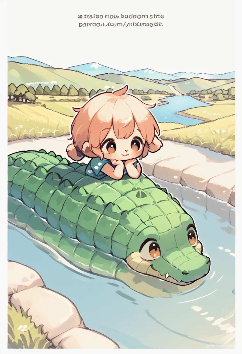 rubbish, Children's Drawings, one crocodile, cute, (fluffy), (stuffed), blue, smiling, landscape, swim, White background