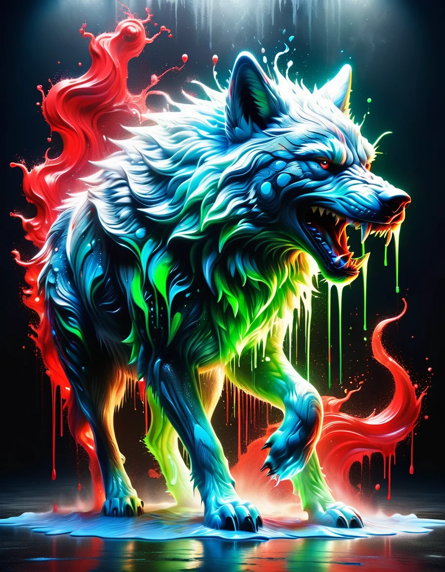A detailed, cinematic street art scene depicting an angry wolf against a reflective backdrop of the Azerbaijan flag made of paint mud, with glowing white light, paint dripping and splashing effects, and a low, dramatic viewpoint showcasing the vibrant blue, red, and green colors.