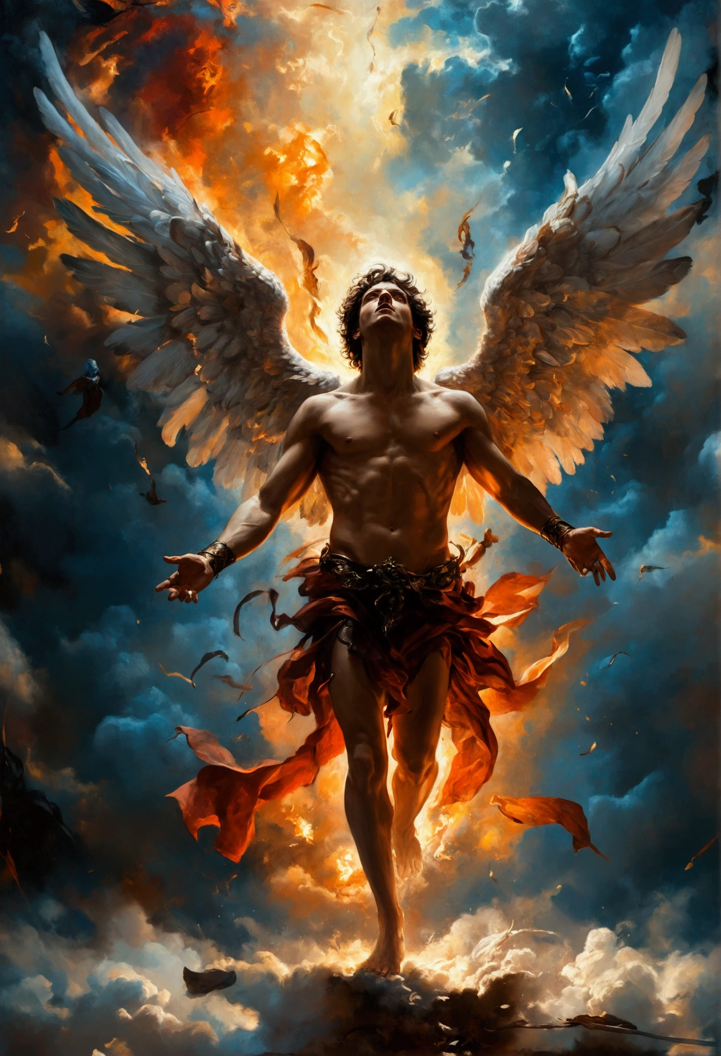 fallen angels in a night battle, dueling humans, many people, oil painting, descending from heaven, masterpiece, vivid, Caravaggio, 8K, angelic, dramatic lighting, intricate details, highly detailed, cinematic, intense, epic, poses dramatic, expressive faces, chiaroscuro, deep shadows, warm colors, bright highlights, ethereal, transcendent, powerful, mesmerizing, breathtaking
