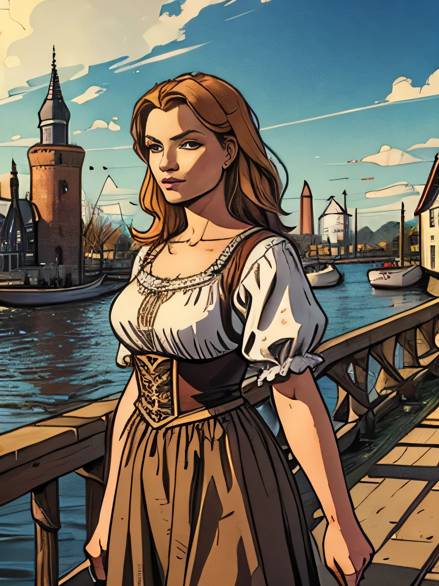 Dutch woman in traditional clothing and in the distance a large Dutch empire in the background with giant structures and an imposing empire