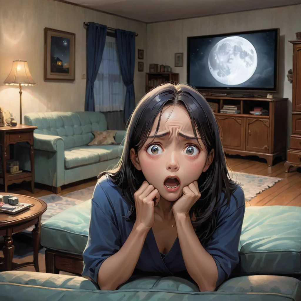 fear、scared、living room、Erica watching a movie、moonlight、Old furniture