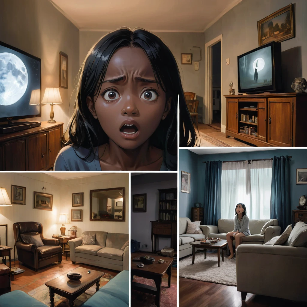 fear、scared、living room、Erica watching a movie、moonlight、Old furniture