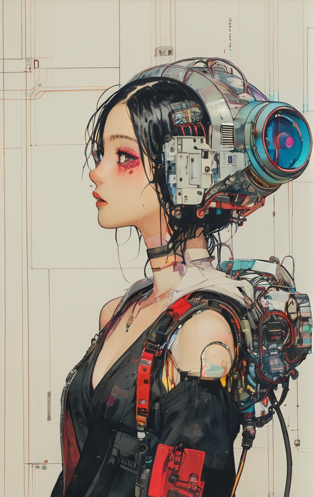 Girl with futuristic goggles and red eyes, digital cyber punkアニメアート, デジタルcyber punk - アニメアート, anime cyber punk art, cyber punkアニメアート, Cyborg - Silver Haired Girl, ダークcyber punkイラスト, cyber punkアニメの女の子, female cyber punkアニメの女の子, cyber punkをテーマにしたアート, cyber punkアニメの女の子 mech, cyber punkアートスタイル, cyber punk サイボーグ. Rose, advanced digital cyber punk art、hacking techniques, sf, cyber punk, Data Stream, (masterpiece, Highest quality, Realistic, Very detailed:1.2), (Purple glow:1.1), Pixelated, twist, Half Shot, (One girl), (Sparkling Eyes:0.8), Simple Background, Shadow, lipstick,The goggles have information written on them.。