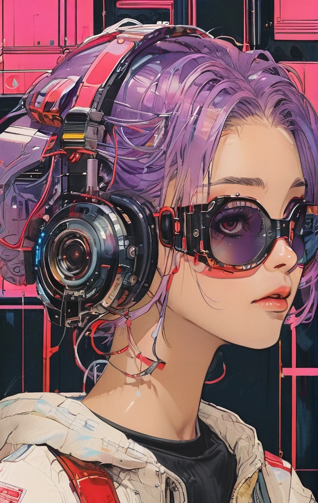 Girl with futuristic goggles and red eyes, digital cyber punkアニメアート, デジタルcyber punk - アニメアート, anime cyber punk art, cyber punkアニメアート, Cyborg - Silver Haired Girl, ダークcyber punkイラスト, cyber punkアニメの女の子, female cyber punkアニメの女の子, cyber punkをテーマにしたアート, cyber punkアニメの女の子 mech, cyber punkアートスタイル, cyber punk サイボーグ. Rose, advanced digital cyber punk art、hacking techniques, sf, cyber punk, Data Stream, (masterpiece, Highest quality, Realistic, Very detailed:1.2), (Purple glow:1.1), Pixelated, twist, Half Shot, (One girl), (Sparkling Eyes:0.8), Simple Background, Shadow, lipstick,The goggles have information written on them.。
