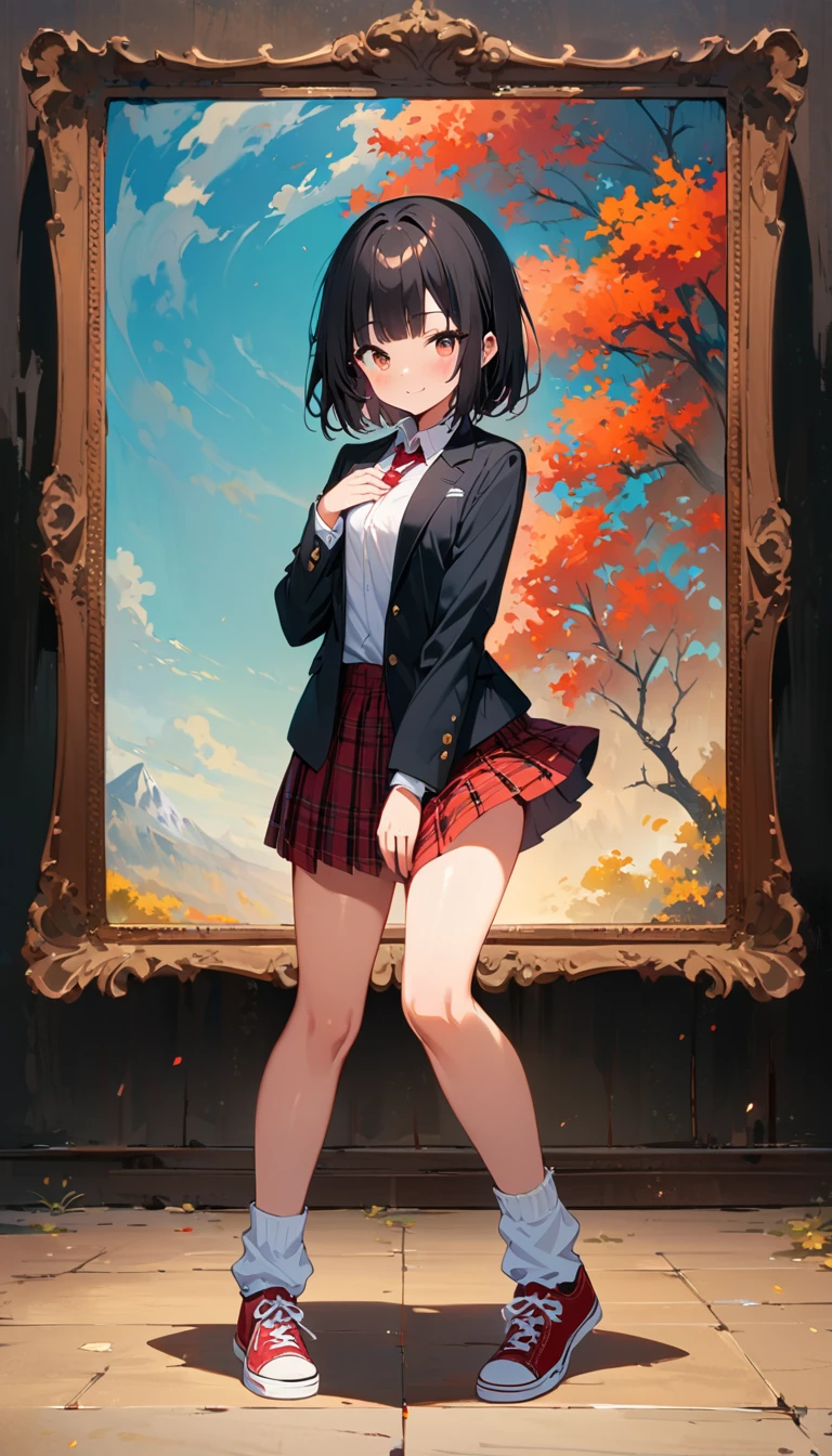 (8K, RAW Photos, 最high quality, masterpiece:1.2), high qualityのRAWカラー写真, Professional photo shoot, Cinematic Light, alone, (((young woman, Gal))), (Sharp features), (Small face), (Skin with attention to detail:1.2), clavicle, Cute face, Beautiful appearance, Long eyelashes,Girl Turning Around, smile, (Black Hair, Short Bob Hair、Heavy bangs), high school student, Red tie, High School Uniform:1.2, Black jacket, Open jacket, Jacket cuff buttons, White shirt, Check skirt, 真Midnightのホテル, Confident attitude, Capture the happy moment, Artistic painting,Attractive thighs, loose socks:1.2, sneakers:1.2, (A very fine touch:1.2),はにかんだsmile), Peaceful atmosphere, Oil painting style, Bright colors, (Full body portrait), Smooth texture, Gazing Eyes, Beautiful Skin, Shiny skin, ((Perfect Fingers, Five Fingers, Anatomically correct)), Background Blur, high quality, Surreal, ((Very detailed, photo shoot)),(Skirt flip、I can see her panties),,Midnight