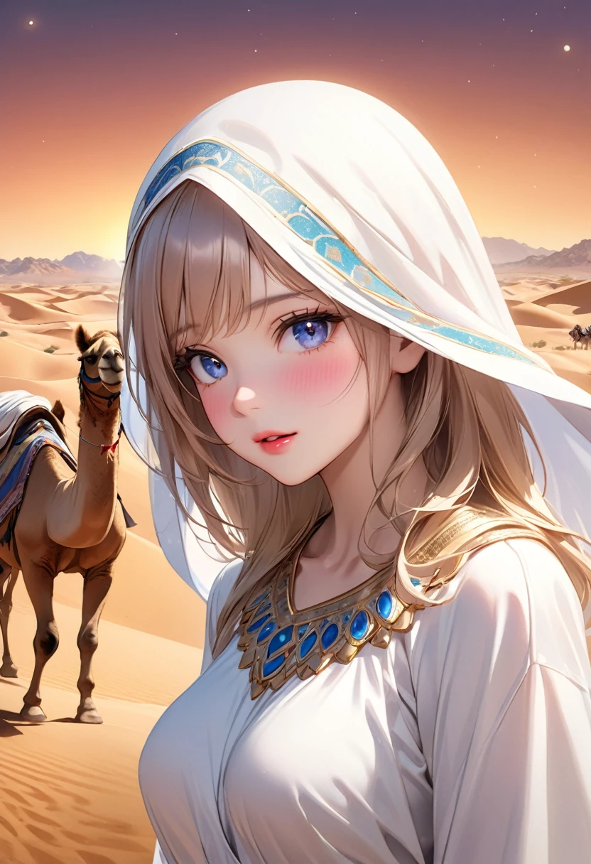 fantasic illustration, masterpiece: 1.2, highest quality, highres, 16k, beautiful detailed, ultra-realistic, photo realistic: 1.37, beautiful cute princess, in a camel caravan:1.2, in the moonlit desert:1.2, through bangs, growing eyes, shining pupils, blushed cheek, shiny rosy lips, wearing white robe, delicate beautiful (hair, face, eyes, pupils, long eyelash, desert), middle-breasts, arabian nights world view,