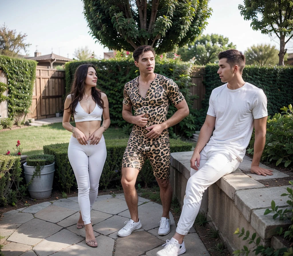 party in day in open space with green garden without trees and there is womens and mens
womens wear all outfit with leopard skin outfit and men wear white outfit
and they are chilling