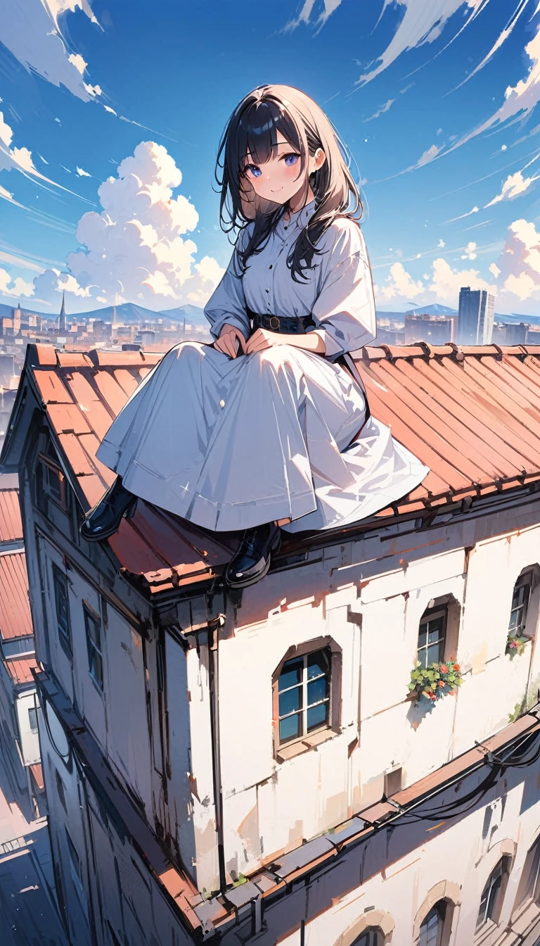 (masterpiece, best quality:1.2), 1 very beautiful girl, alone, Happy expression looking at the camera on the roof of a very tall building, whole body, Beauty of blue sky full of white clouds, simple background, Nizi 5,