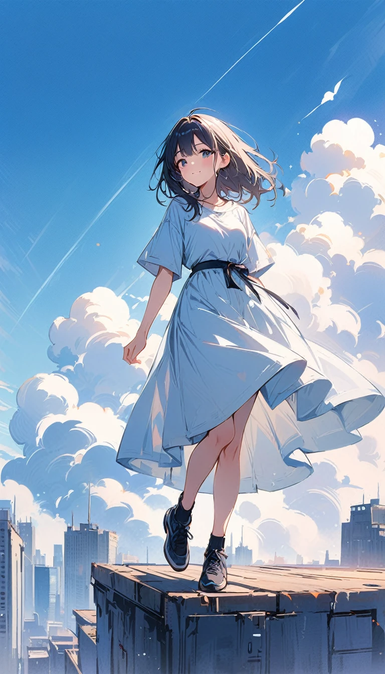 (masterpiece, best quality:1.2), 1 very beautiful girl, alone, Happy expression looking at the camera on the roof of a very tall building, whole body, Beauty of blue sky full of white clouds, simple background, Nizi 5,