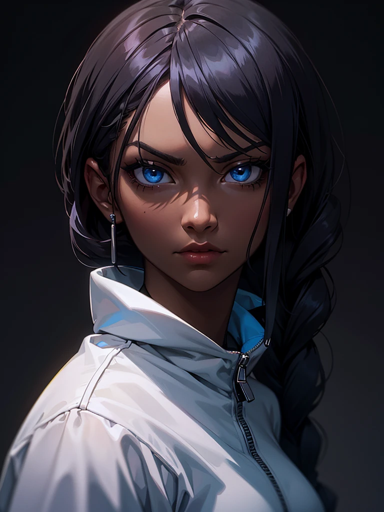 ((Portrait Photo)), She has a Relaxed, Black-Haired Appearance, with Dark Skin and a Strong Build. She Expresses an Indifferent and Calm Look, Giving Off a Composed and Unfazed Attitude. She has Deep Blue Eyes, and Her Hair is Long and Dark, with Braided Strands Falling Over Her Forehead. She Wears an Oversized, Loose White Sports Sweatshirt with Long Sleeves, Cut Below the Chest, Revealing Her Midriff. ((Portrait Photo, HDR, Dark Background))