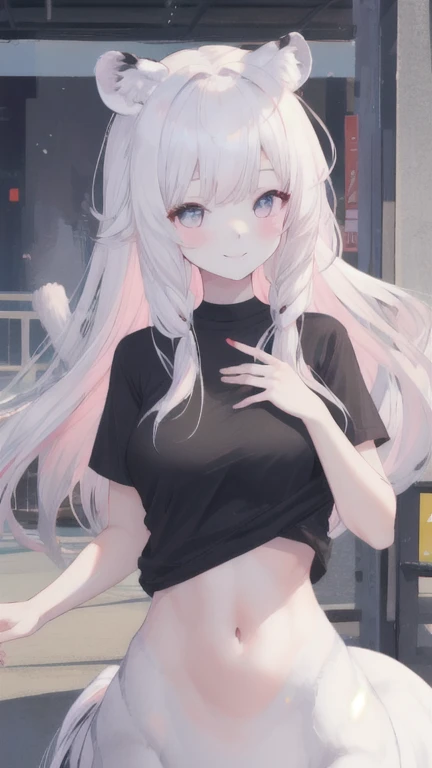 (best quality, masterpiece), 1 girl, centaur, It takes, White skin, Korean ,daughter, black pink,Smiling, exposing the abdomen, belly button t-shirt , 아름다운 소녀 perfect white tiger photo, perfect white tiger photo