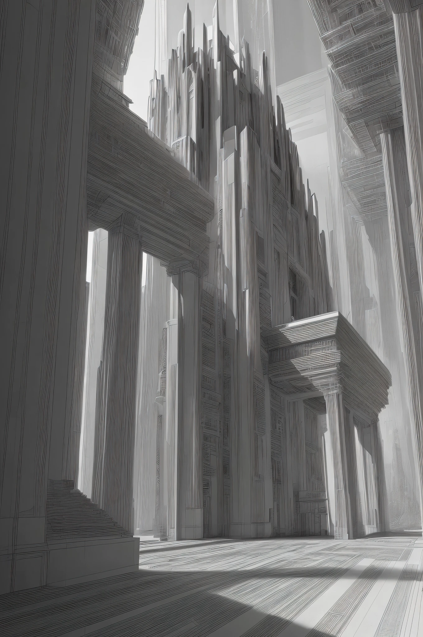 A highly detailed, futuristic architectural sketch of a grand postmodern human habitat, drawn in a stunning and warm golden hue with light gray shadows. The lighting should be abundant, dramatic yet comforting, creating a sense of grandeur, awe, and warmth, similar to the reference image. The design should feature intricate lines and structures, showcasing the complexity and beauty of the building. Emphasize the scale and magnificence of the structure to evoke a sense of wonder and amazement. The sketch should have visible lines and shading to emphasize its conceptual nature, blending advanced technology with elegance and a warm, welcoming atmosphere. The overall ambiance should feel cozy and inviting.