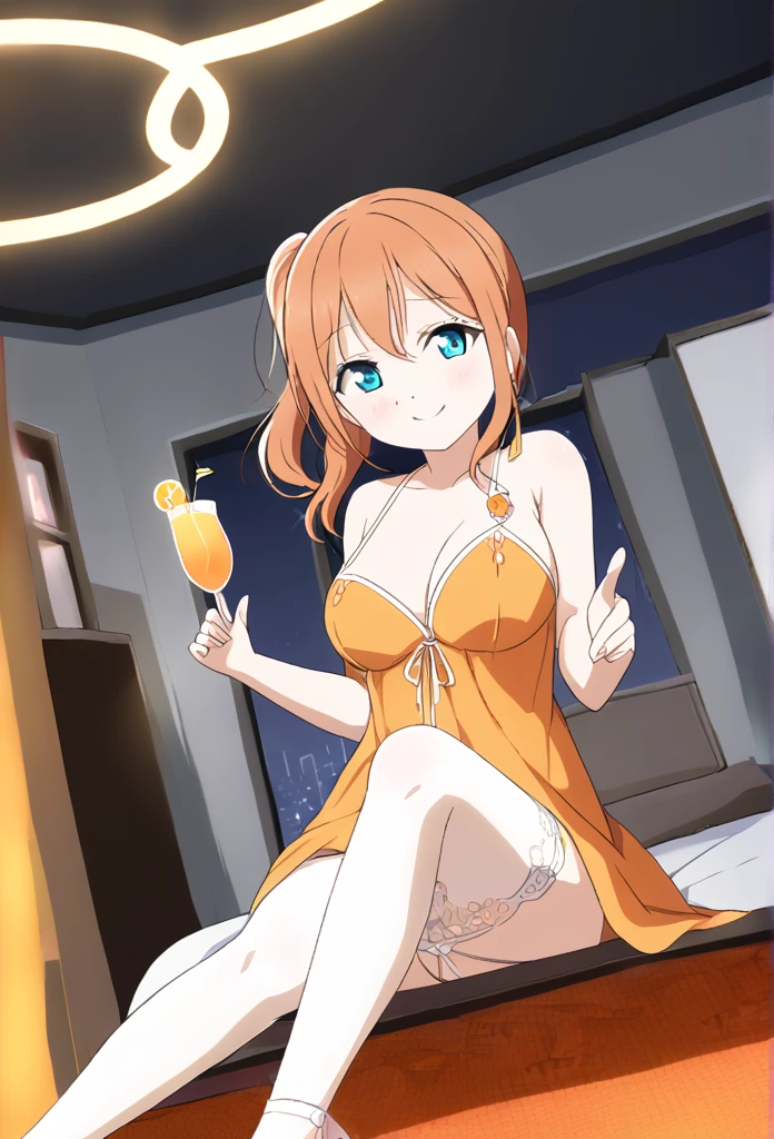 Honoka Kosaka Orange Hair Blue eyes One-sided half ponytail Orange nightgown White garter belt smile Larger breasts night Love Hotel Seduce Sit on the bed night景 Dark Room Room lighting Holding an orange cocktail