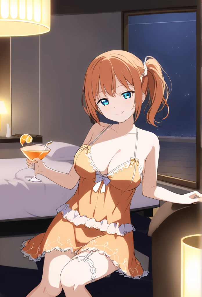 Honoka Kosaka Orange Hair Blue eyes One-sided half ponytail Orange nightgown White garter belt smile Larger breasts night Love Hotel Seduce Sit on the bed night景 Dark Room Room lighting Holding an orange cocktail
