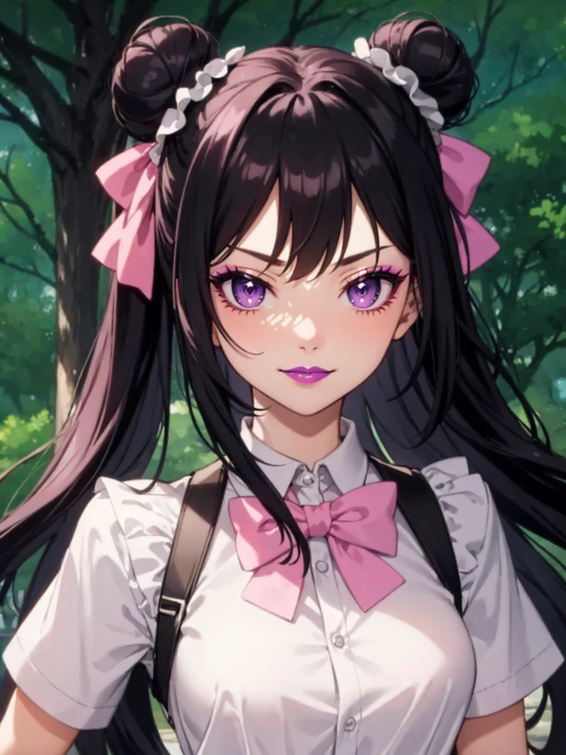 masterpiece, best quality, high quality, 4k, highres, anime, 1girl, 19 years old, purple eyes, colored lips, purple lips, pink eyeliner, makeup, long black hair with hair buns, pink bows on hair, smirk, white blouse, short sleeves, tree