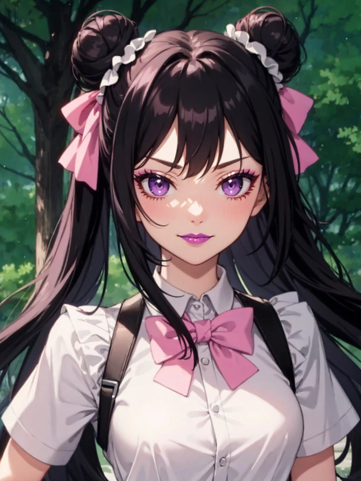masterpiece, best quality, high quality, 4k, highres, anime, 1girl, 19 years old, purple eyes, colored lips, purple lips, pink eyeliner, makeup, long black hair with hair buns, pink bows on hair, smirk, white blouse, short sleeves, tree
