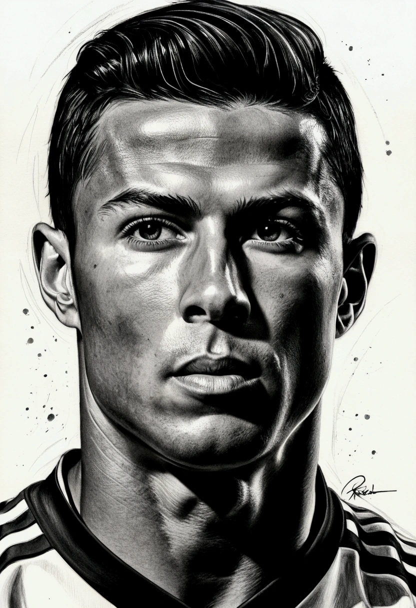 This charcoal drawing depicts Cristiano Ronaldo's features in a bold and expressive style. The artist used broad strokes to capture his likeness dynamically, emphasizing his athletic build and intense gaze. The shading and lines create a sense of movement and energy, highlighting Ronaldo's strength and agility on the field. His determined expression and iconic football attire give the artwork a sense of charisma and competitive spirit, making it a unique artistic representation of Cristiano Ronaldo's iconic presence in the world of football.