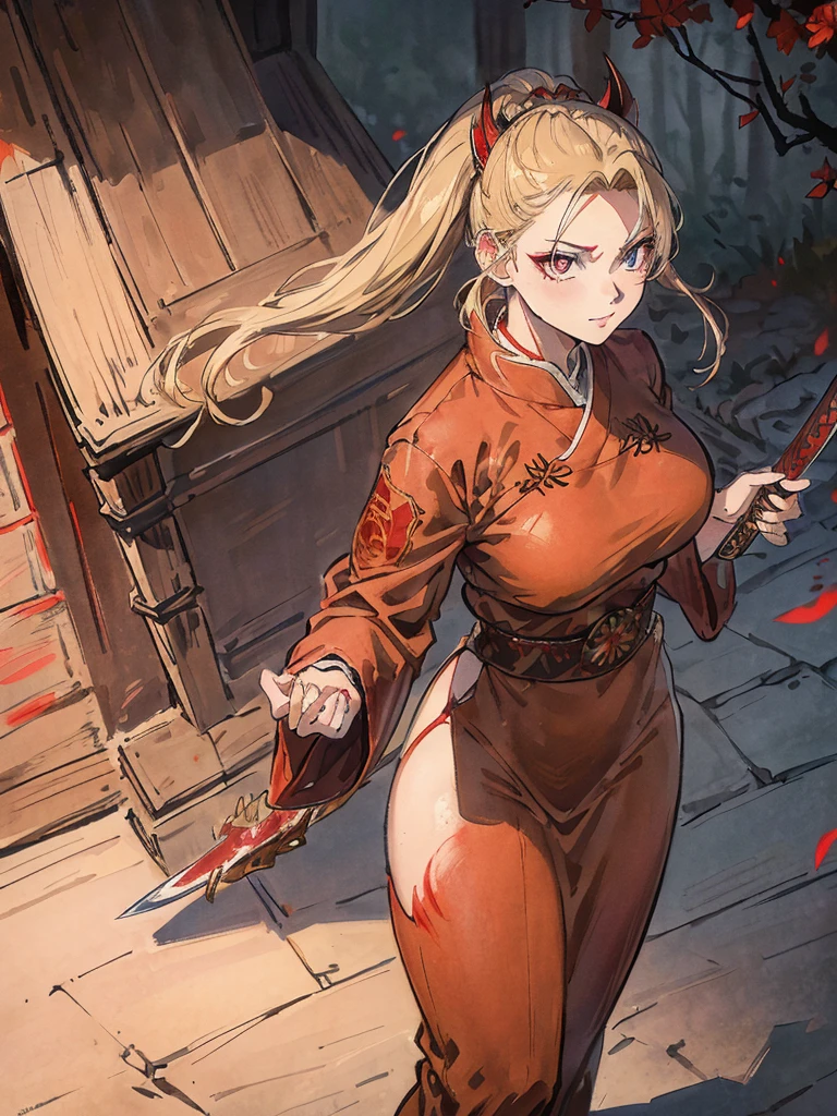 A beautiful young woman with short light brown-blonde hair and a mix of blonde and brown eyes, wearing the standard Demon Slayer Corps uniform. She has a red haori with a pattern on it, and a large plus-shaped scar in the middle of her forehead, with bangs covering it. She has an elegant and kind expression, embodying the Demon Slayer art style. The woman is standing in a peaceful, daytime forest, holding a katana sword. She shines like a diamond, radiating an ethereal beauty. (best quality,4k,8k,highres,masterpiece:1.2),ultra-detailed,(realistic,photorealistic,photo-realistic:1.37),1girl,beautiful detailed eyes,beautiful detailed lips,extremely detailed eyes and face,longeyelashes,demon slayer uniform,red haori,plus-shaped scar,forest,katana sword,elegant,kind,demon slayer art style,shining,diamond-like,anime,demon slayer art style,smile