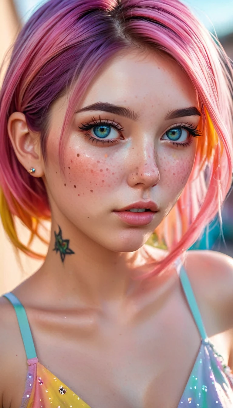 ((ultra detailed)),((Bright eyes)), (Detailed eyes), 8k, blink blink, (The Little Faux Freckles Makeupgirl), ((realistic skin)), ((focus detailed 2 straps on the shoulders of dress)) , ((shiny facial skin)), with colorful hair and a colorful dress, rossdraws pastel vibrant, rossdraws cartoon vibrant, style anime 8k, beautiful portrait, artgerm colorful!!!, ! dream artgerm, beautiful anime girl, styled digital art, art wallpaper 8k, digital art, extremely detailed artgerm,((( face tattoos)))