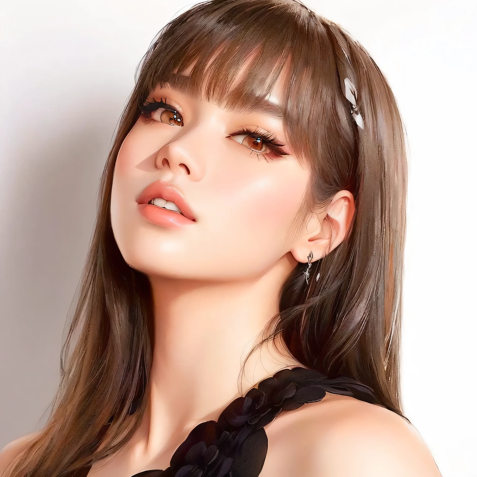 a close up of a woman with long hair wearing a black dress, lalisa manobal, lalisa manoban of blackpink, portrait of jossi of blackpink, roseanne park of blackpink, jossi of blackpink, blackpink jennie, popular south korean makeup, popular korean makeup, portrait jisoo blackpink, with bangs, park ji-min, center parted bangs