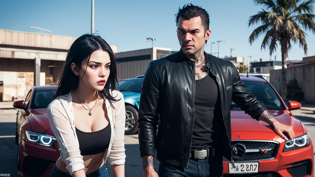 Damon Salvatore a hot muscular gothic guy and Sara, a short black-haired lady, sit on the hood of their Black Mustang GT, holding up their cold drink cola cans in a cheers pose, celebrating in the sunny weather.