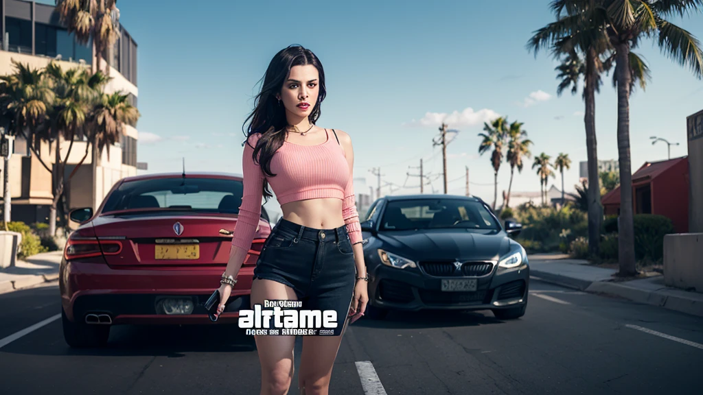 Create a highly detailed Realistic and Unreal Engine 5 like image. The image is a vibrant and dynamic promotional artwork for "Grand Theft Auto VI" (GTA VI). It features a stylized, colorful depiction of two central characters in an action-packed scene. In the foreground, a woman with long, dark hair and a determined expression is leaning over the hood of a car, holding a handgun in her right hand. She is dressed in a low-cut pink top and jewelry, exuding confidence and readiness for action. Behind her, a man with a stern face and a distinctive tattoo on his right temple stands close, also gripping a firearm. He is wearing a white shirt and black gloves, enhancing his tough, no-nonsense appearance. The background is rich with details, including palm trees, a setting sun casting an orange and pink glow, and various characters engaged in what appears to be a heist or confrontation. Some figures are holding guns and are dressed in suits, adding to the chaotic and intense atmosphere. The "Grand Theft Auto VI" title is prominently displayed in the top right corner, with the iconic font and style associated with the series. The overall art style is reminiscent of the vibrant, exaggerated aesthetics typical of the "Grand Theft Auto" series, capturing the excitement and action of the game.