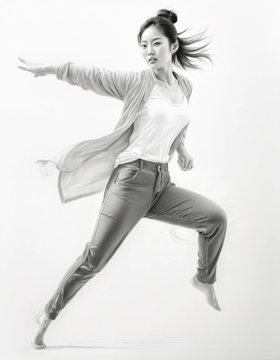 Graphite pencil drawing, 30yo Chinese woman, action pose, full body, without clothes, white background