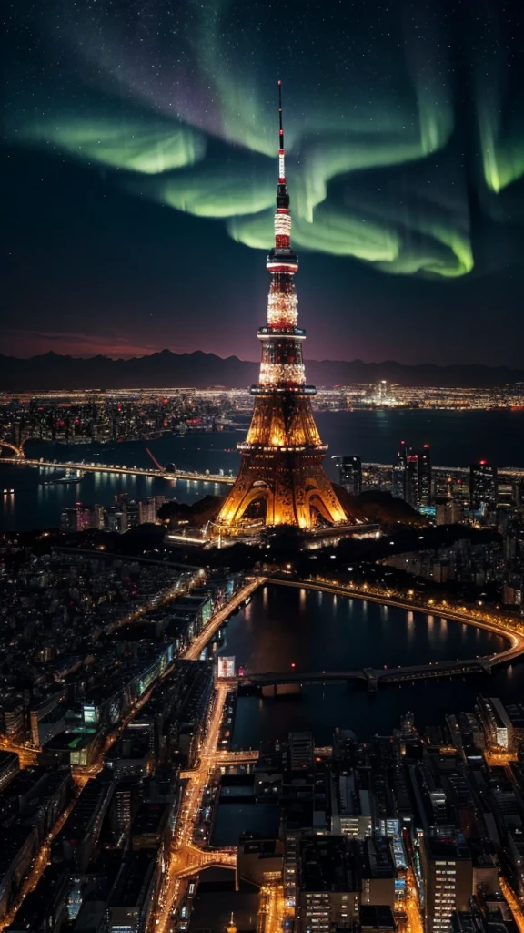 photorealistic , Christian Lassen's style , night scene of Tokyo Tower, shot by a drone in 2K quality using Starvis technology. The detailed and realistic cityscape sparkles with vivid lights. The sky is filled with dynamic, vibrant auroras, and a majestic, intricately detailed unicorn gracefully gallops through the air, adding a fantastical touch to the scene. The colors and contrast are enhanced to create a more vivid and beautiful image.