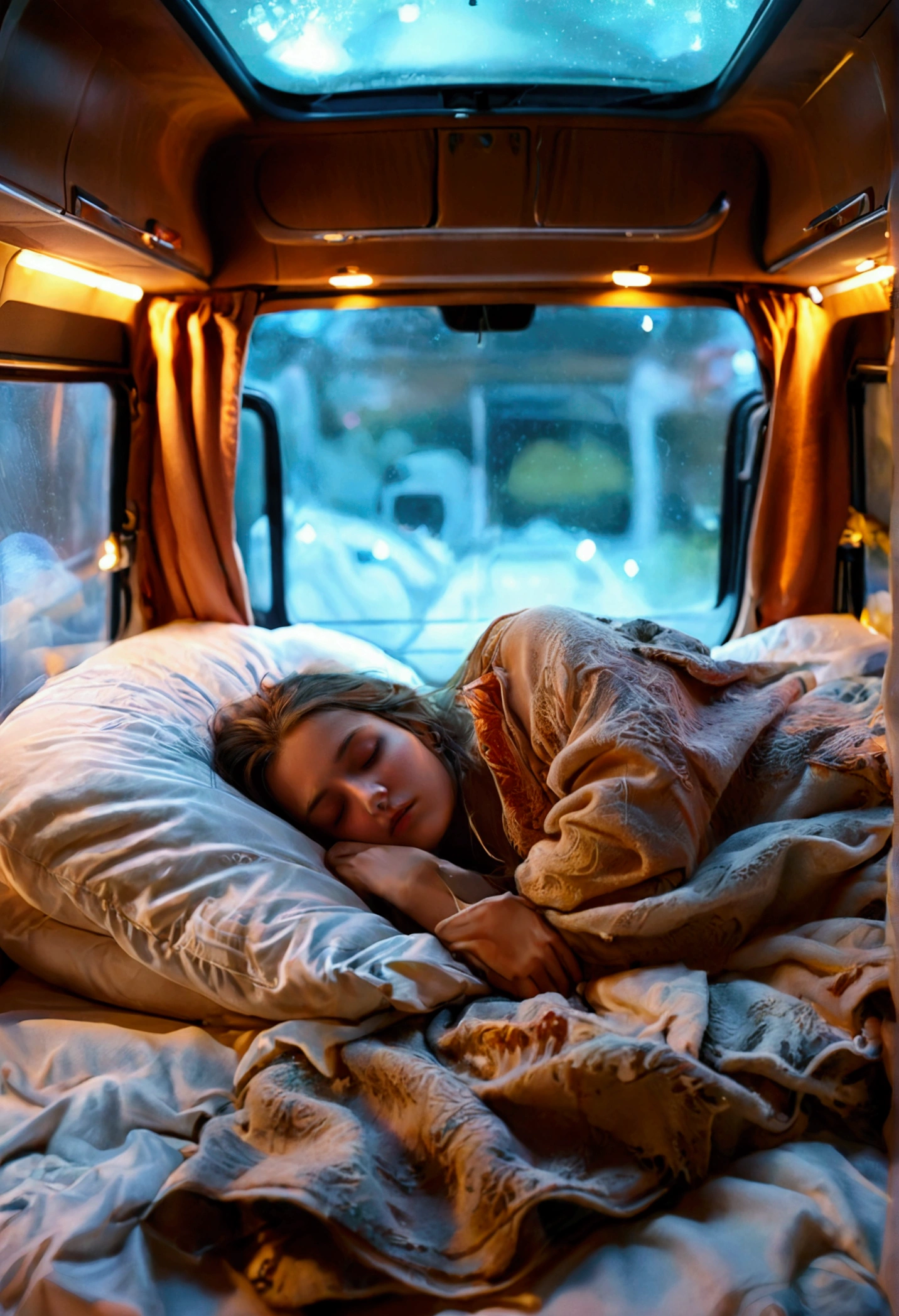The fear within, Sleeping woman in a cozy bed, Sleeping woman in the interior of a minibus, pillow, blanket, Large windows, Transparent ceiling, night, Dramatic Light, late night , Super detailed, Accurate, 最high quality, Super detailed, Anatomically correct, Super detailed, Super detailed, high quality, Anatomically correct, Super detailed, Attention to detail, high quality, High resolution, Sleeping woman