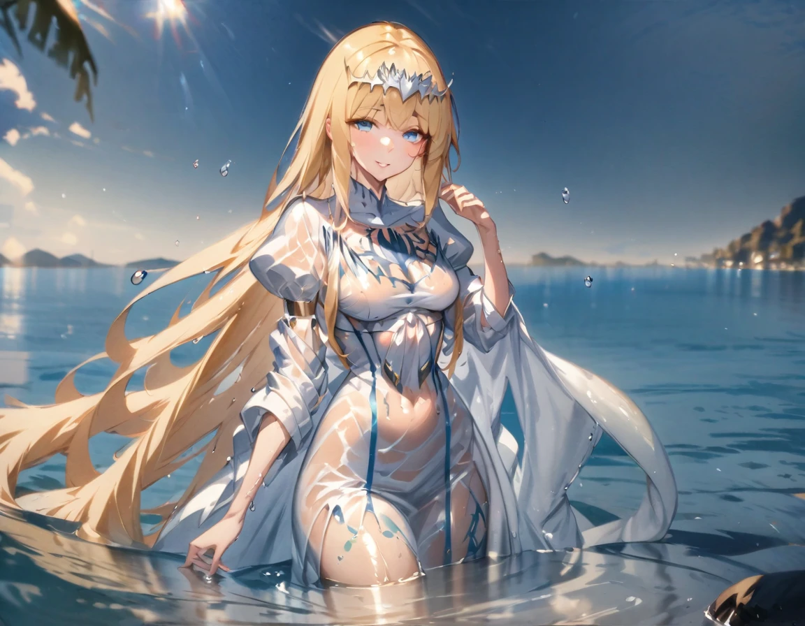 Top quality, masterpiece, watercolor painting, glowing water drops, double exposure, swimming in the sea, splashes, best smile, light reflections on the water surface, 1girl,solo, calca, blonde hair, ,( extremely long hair), very long hair, extra long hair, white tiara, white dress, blue eyes,Calca Bessarez, medium breast,Calca, wet, see-through outfit, sexy pose, seductive smile