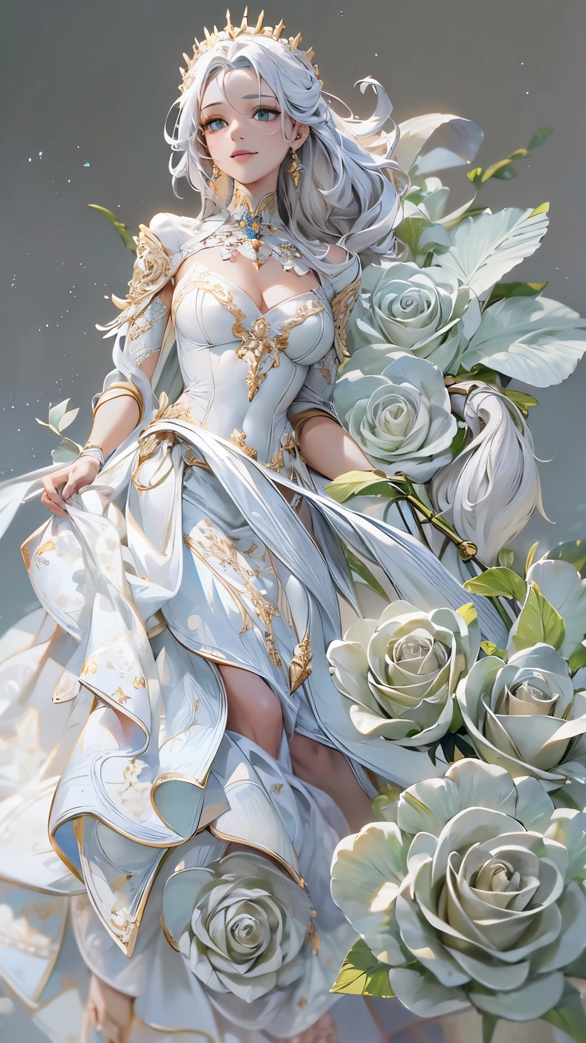 (Highest quality)),(Ultra-high resolution),(Super detailed),(Detailed Description),((The best CG)),(masterpiece),Highly detailed art,(Art with precise details:1.5), (Woman in a pure white dress:1.3),Beautiful profile:1.4,(Smile:1.3),Sparkling Jewelry:1.2, (White Rose:1.3),(Sculptural works:1.6)