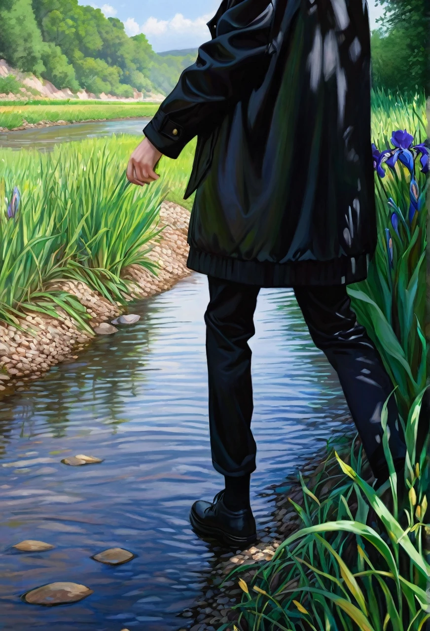 Walking river bank, loose black jacket, perfect hands, high detail, high quality, best detail, perfect irises