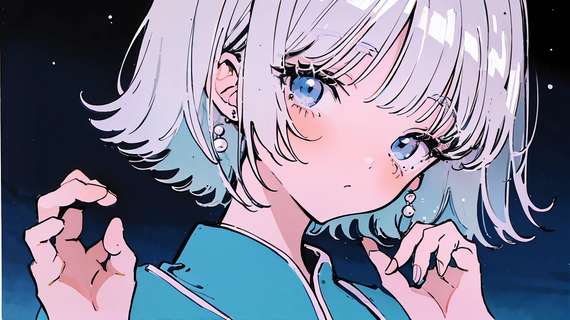 (Highest quality:0.8)、(Highest quality:0.8)、Super detailed、Analog illustration、Koto Tsumi \(style\)、masterpiece、Highest quality、Close-up portrait of a woman、1990、Comic Strip、Art illustration、Retro Pop、short silver hair、Long eyelashes、Blue Dress、Pearl Bracelet、Standing gracefully on the beach at night