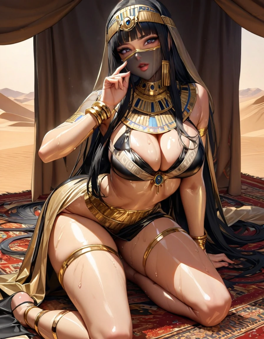 Young beautiful woman,(Highest quality,Extremely detailed depiction,Incredibly absurd high resolution,Anatomically accurate depiction,Curvy Legs),(Glowing Skin,Shiny skin,Oilskin),Princesses of Ancient Egypt,Gorgeous ancient Egyptian costume,High gloss gold and black latex,((A face veil that covers the lower half of the face)),Golden Accessories,Golden Bracelet,Golden earrings,A seductive smile,There is cleavage in the chest,Glossy Lips,On all fours,Put your finger on your cheek,Cleopatra,Sweat,sitting on a gorgeous Persian carpet,background:desert