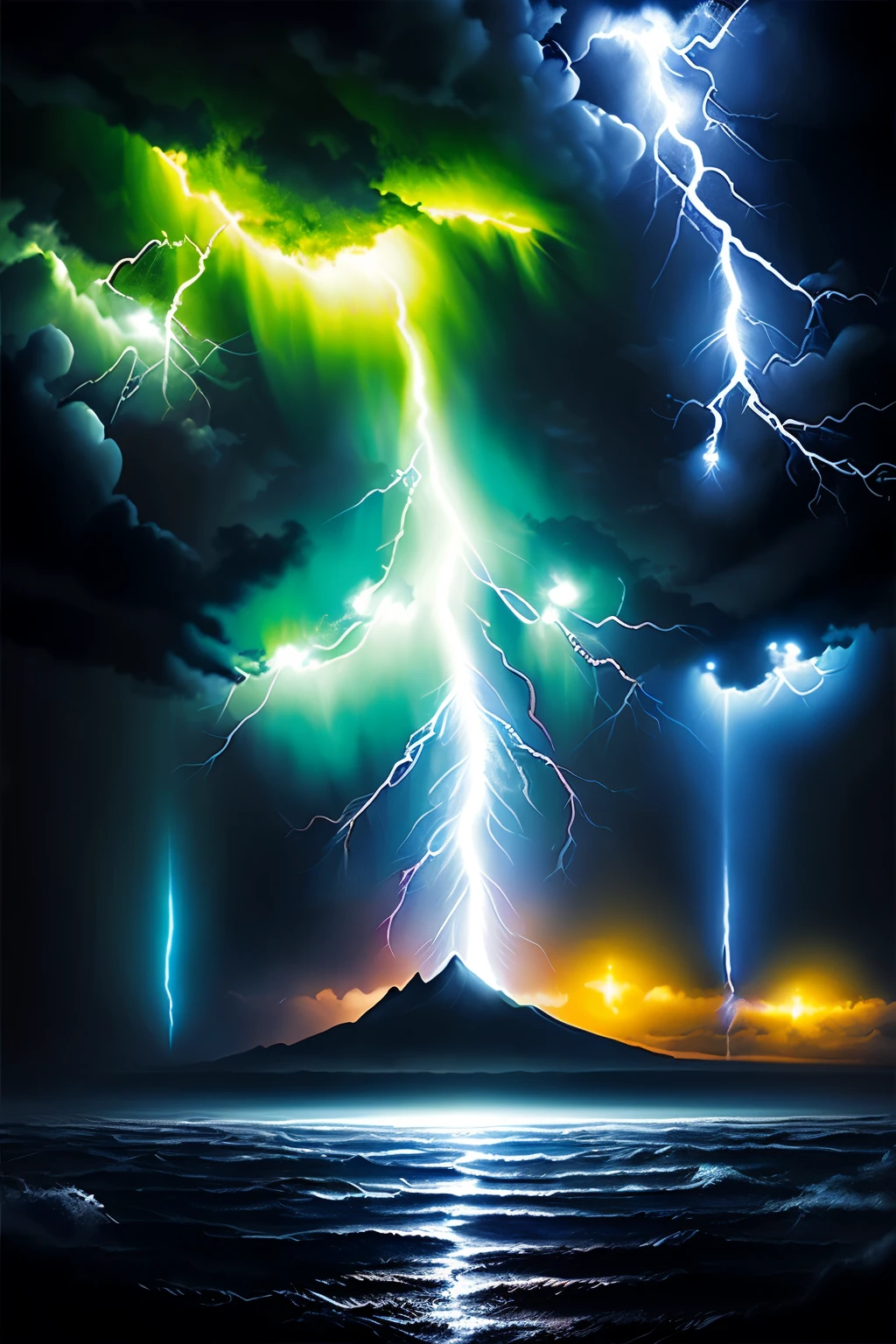 ((best quality)), ((masterpiece)), (detailed), A digital illustration of a dark sky at night with heavy rainfall, lightning, dark clouds, hurricane and cyclone all together with a monsters face in the sky
