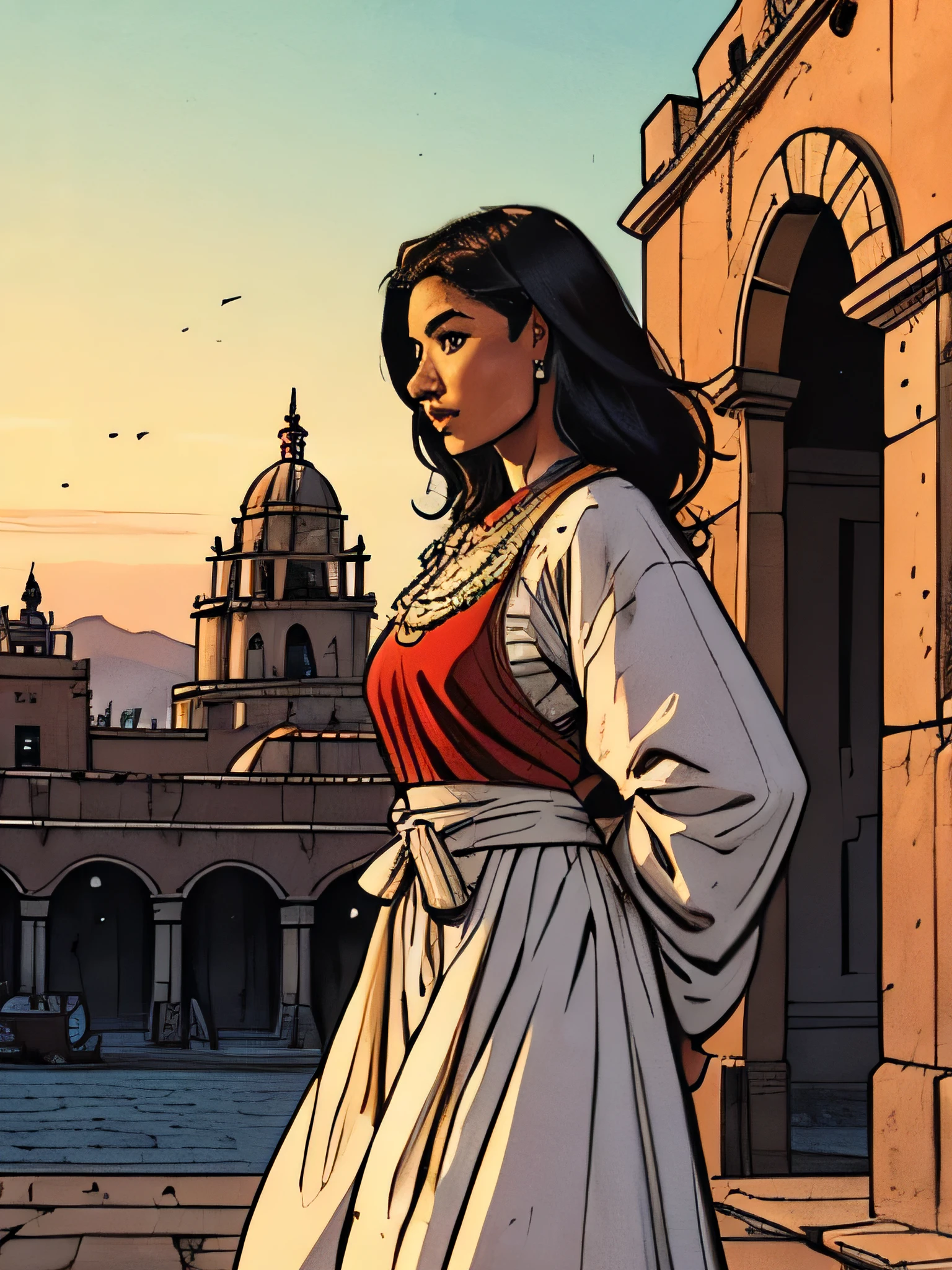 mexican Woman mexican superhero suit europe clothing red white greens clothes Flag of mexico longblack hair brown skin yellow eyes, native mayan tribe ornaments ,